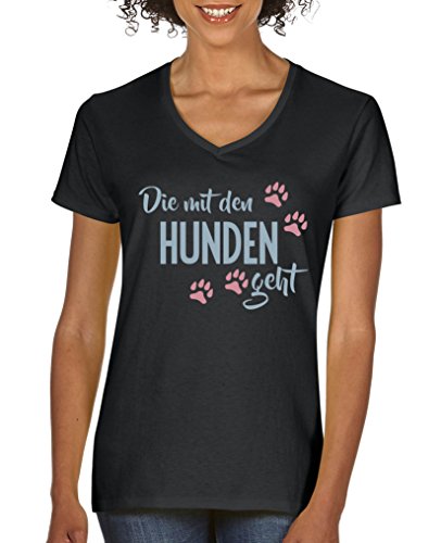 Comedy Shirts - Die mit den Hunden geht - Damen V-Neck T-Shirt - Schwarz/Eisblau-Rosa Gr. XXL von Comedy Shirts