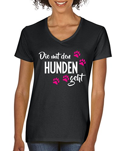 Comedy Shirts - Die mit den Hunden geht - Damen V-Neck T-Shirt - Schwarz/Weiss-Pink Gr. L von Comedy Shirts