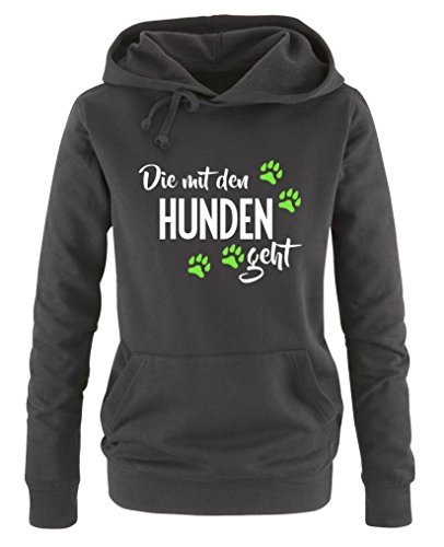 Comedy Shirts - Die mit den Hunden geht - Style1 - Damen Hoodie - Schwarz/Weiss-Neongrün Gr. M von Comedy Shirts