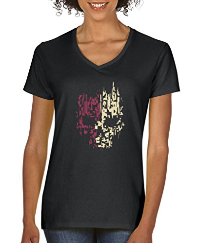Comedy Shirts - Digital Skull - Damen V-Neck T-Shirt - Schwarz/Beige-Fuchsia Gr. S von Comedy Shirts
