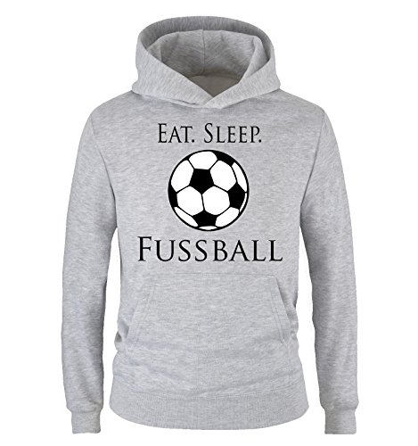 Comedy Shirts - EAT. Sleep. Fussball - Kinder Hoodie - Grau/Schwarz-Weiss Gr. 110/116 von Comedy Shirts