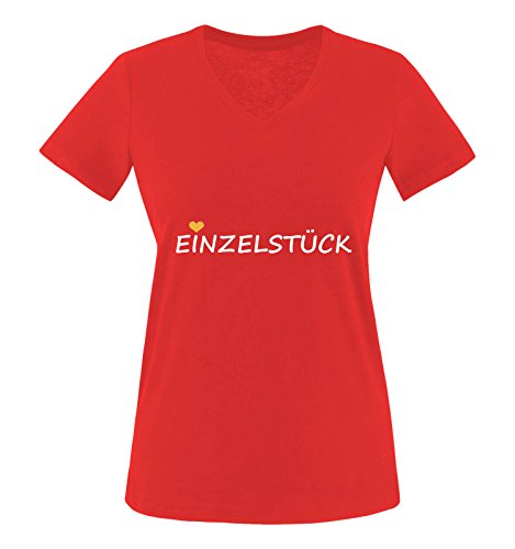 Comedy Shirts - EINZELSTÜCK - Damen V-Neck T-Shirt - Rot/Weiss-Gelb Gr. L von Comedy Shirts