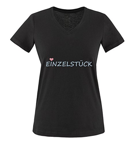 Comedy Shirts - EINZELSTÜCK - Damen V-Neck T-Shirt - Schwarz/Eisblau-Rosa Gr. L von Comedy Shirts
