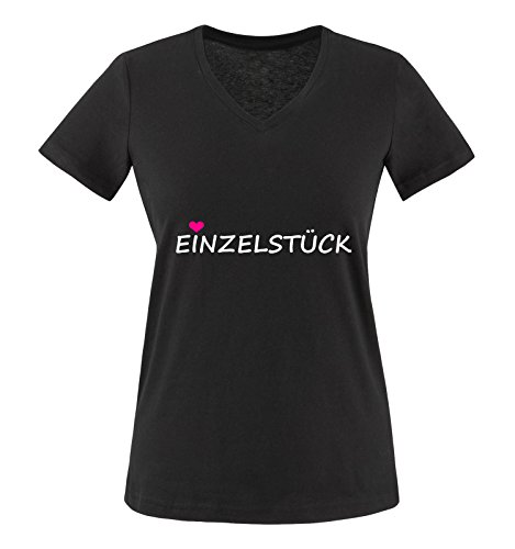 Comedy Shirts - EINZELSTÜCK - Damen V-Neck T-Shirt - Schwarz/Weiss-Pink Gr. S von Comedy Shirts