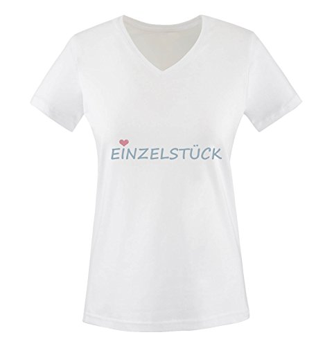 Comedy Shirts - EINZELSTÜCK - Damen V-Neck T-Shirt - Weiss/Eisblau-Rosa Gr. L von Comedy Shirts