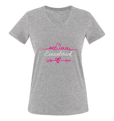 Comedy Shirts - Einzelstück - Herz Pfeile - Damen V-Neck T-Shirt - Graumeliert/Weiss-Pink Gr. M von Comedy Shirts