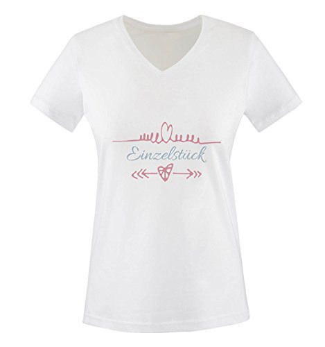 Comedy Shirts - Einzelstück - Herz Pfeile - Damen V-Neck T-Shirt - Weiss/Eisblau-Rosa Gr. L von Comedy Shirts