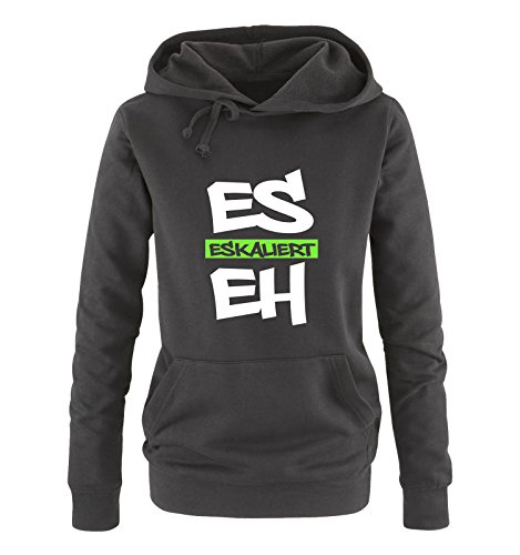 Comedy Shirts Es eskaliert eh - Graffiti - Damen Hoodie - Schwarz/Weiss-Neongrün Gr. M von Comedy Shirts