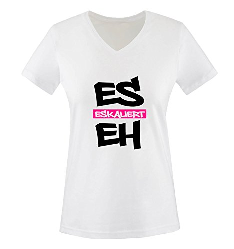 Comedy Shirts - Es eskaliert eh - Graffiti - Damen V-Neck T-Shirt - Weiss/Schwarz-Pink Gr. M von Comedy Shirts