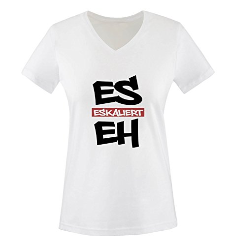 Comedy Shirts - Es eskaliert eh - Graffiti - Damen V-Neck T-Shirt - Weiss/Schwarz-Rot Gr. L von Comedy Shirts