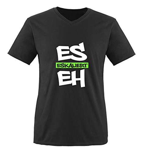 Comedy Shirts - Es eskaliert eh - Graffiti - Herren V-Neck T-Shirt - Schwarz/Weiss-Neongrün Gr. L von Comedy Shirts