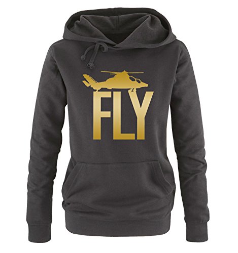 Comedy Shirts - Fly - Hubschrauber - Damen Hoodie - Schwarz/Gold Gr. S von Comedy Shirts
