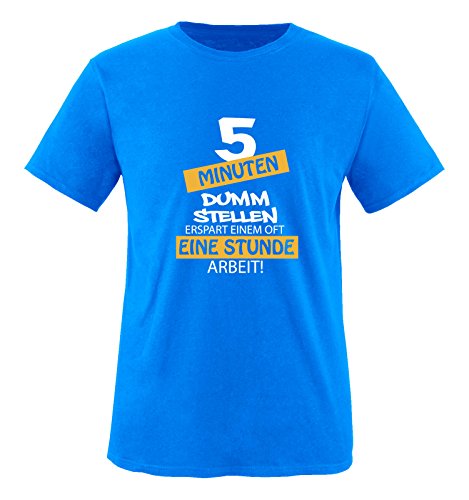 Comedy Shirts - Fünf Minuten dumm Stellen erspart einem oft eine Stunde Arbeit! - Herren T-Shirt - Royalblau/Weiss-Gelb Gr. XL von Comedy Shirts