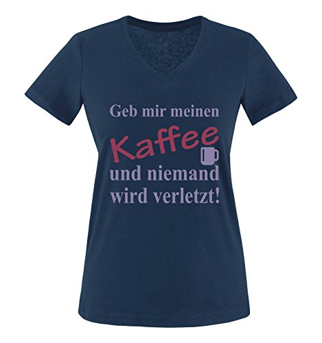 Comedy Shirts - Geb Mir Meinen Kaffee und niemand Wird verletzt! - Damen V-Neck T-Shirt - Navy/Violet-Fuchsia Gr. S von Comedy Shirts