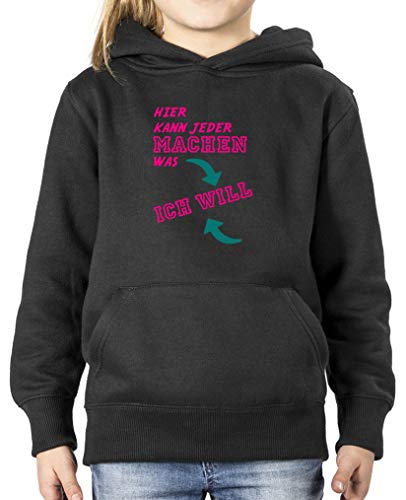 Comedy Shirts - Hier kann jeder machen was ich will - Mädchen Hoodie - Schwarz/Pink-Türkis Gr. 134/146 von Comedy Shirts