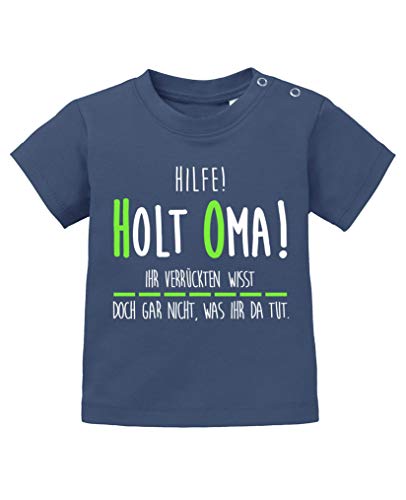 Comedy Shirts - Hilfe! Holt OMA! - Baby T-Shirt - Navy/Weiss-Neongrün Gr. 68/74 von Comedy Shirts