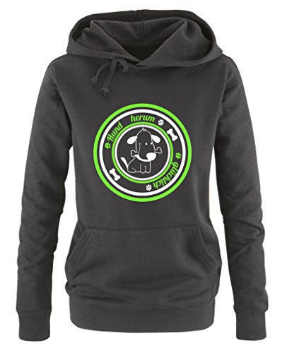 Comedy Shirts Hund herum glücklich - Damen Hoodie - Schwarz/Weiss-Neongrün Gr. S von Comedy Shirts