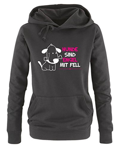 Comedy Shirts Hunde sind Engel mit Fell - Damen Hoodie - Schwarz/Weiss-Pink Gr. M von Comedy Shirts