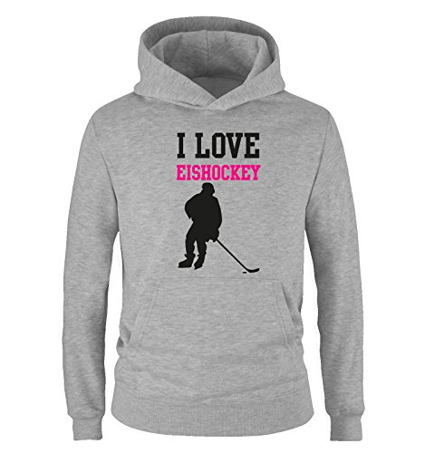 Comedy Shirts I Love Eishockey - Kinder Hoodie - Grau/Schwarz-Pink Gr. 140 von Comedy Shirts