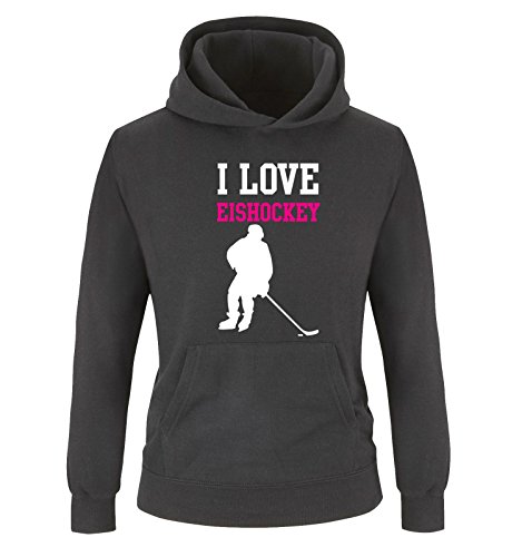 Comedy Shirts I Love Eishockey - Kinder Hoodie - Schwarz/Weiss-Pink Gr. 140 von Comedy Shirts