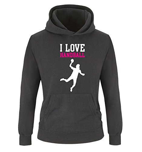 Comedy Shirts I Love Handball - Kinder Hoodie - Schwarz/Weiss-Pink Gr. 152 von Comedy Shirts