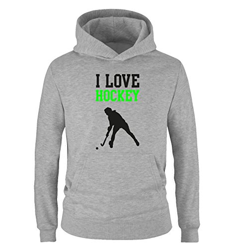 Comedy Shirts I Love Hockey - Kinder Hoodie - Grau/Schwarz-Neongrün Gr. 152 von Comedy Shirts