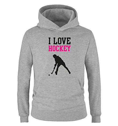 Comedy Shirts I Love Hockey - Kinder Hoodie - Grau/Schwarz-Pink Gr. 140 von Comedy Shirts