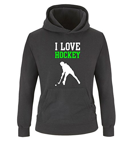 Comedy Shirts I Love Hockey - Kinder Hoodie - Schwarz/Weiss-Neongrün Gr. 140 von Comedy Shirts