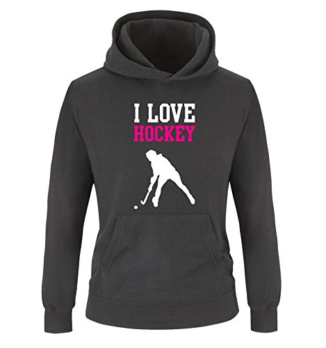 Comedy Shirts I Love Hockey - Kinder Hoodie - Schwarz/Weiss-Pink Gr. 140 von Comedy Shirts