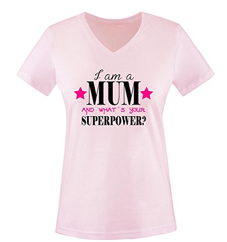 Comedy Shirts - I am a Mum - What´s Your Superpower? - Damen V-Neck T-Shirt - Rosa/Schwarz-Pink Gr. M von Comedy Shirts