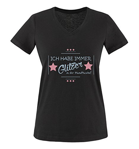 Comedy Shirts - Ich hab Immer Glitzer in der Handtasche! - Damen V-Neck T-Shirt - Schwarz/Eisblau-Rosa Gr. XL von Comedy Shirts