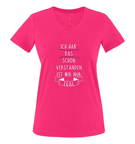Comedy Shirts - Ich hab das Schon verstanden, ist Mir nur egal. - Damen V-Neck T-Shirt - Pink/Weiss-Lila Gr. M von Comedy Shirts