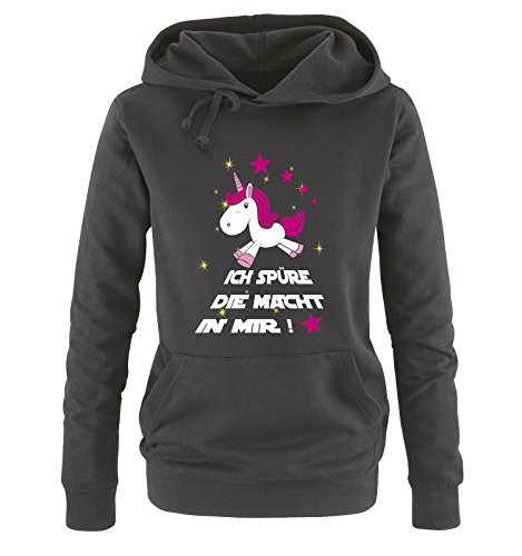 Comedy Shirts Ich spüre die Macht in Mir! Einhorn - Damen Hoodie - Schwarz/Weiss-Pink-Rosa-Gold Gr. XL von Comedy Shirts