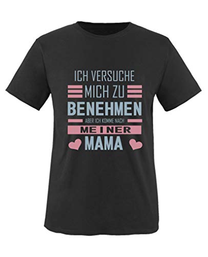 Comedy Shirts - Ich versuche Mich zu benehmen. Mama - Mädchen T-Shirt - Schwarz/Eisblau-Rosa Gr. 152/164 von Comedy Shirts