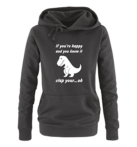 Comedy Shirts - If You're Happy and You Know it clap Your... oh. - Dino - Damen Hoodie - Schwarz/Weiss Gr. XL von Comedy Shirts