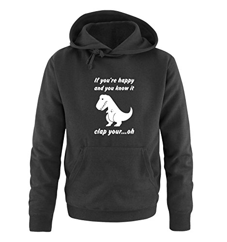 Comedy Shirts - If You're Happy and You Know it clap Your... oh. - Dino - Herren Hoodie - Schwarz/Weiss Gr. XL von Comedy Shirts