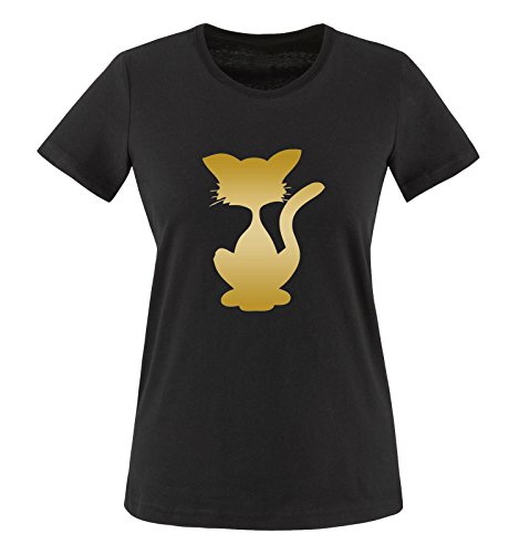 Comedy Shirts - Katze - Comic - Damen T-Shirt - Schwarz/Gold Gr. 3XL von Comedy Shirts