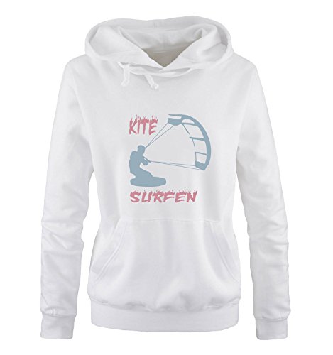 Comedy Shirts - Kite Surfen - Motiv 3 - Damen Hoodie - Weiss/Eisblau-Rosa Gr. L von Comedy Shirts