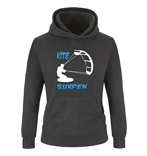 Comedy Shirts - Kite Surfen - Motiv 3 - Jungen Hoodie - Schwarz/Weiss-Blau Gr. 152 von Comedy Shirts