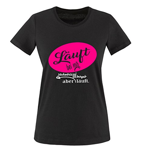 Comedy Shirts - Läuft bei Mir rückwärts und bergab Aber läuft. - Damen T-Shirt - Schwarz/Weiss-Pink Gr. 3XL von Comedy Shirts