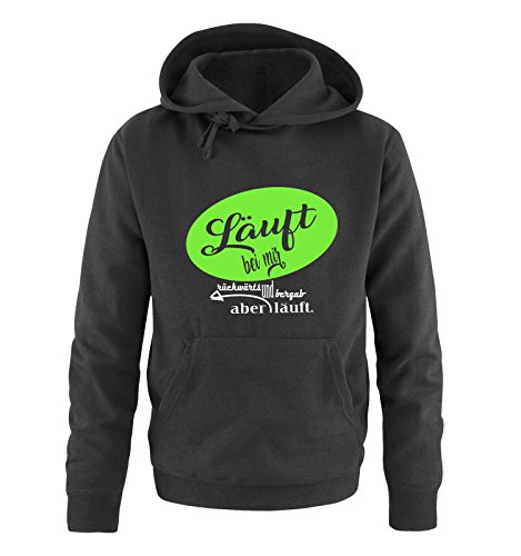 Comedy Shirts Läuft bei Mir rückwärts und bergab Aber läuft. - Herren Hoodie - Schwarz/Weiss-Neongrün Gr. L von Comedy Shirts