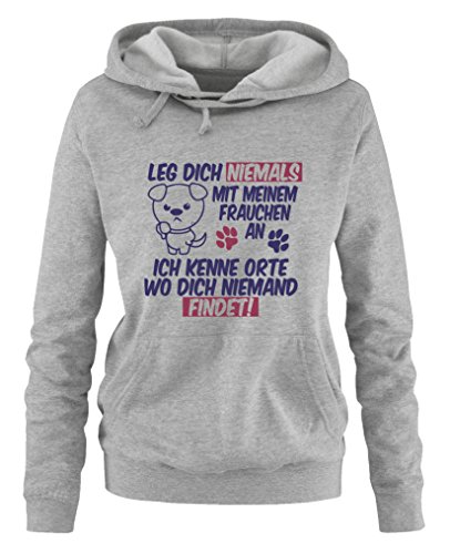 Comedy Shirts Leg Dich Niemals mit Meinem Frauchen an, ich kenne Orte wo Dich niemand findet! - Damen Hoodie - Grau/Lila-Fuchsia Gr. M von Comedy Shirts