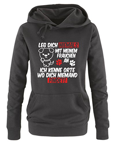 Comedy Shirts Leg Dich Niemals mit Meinem Frauchen an, ich kenne Orte wo Dich niemand findet! - Damen Hoodie - Schwarz/Weiss-Rot Gr. XL von Comedy Shirts