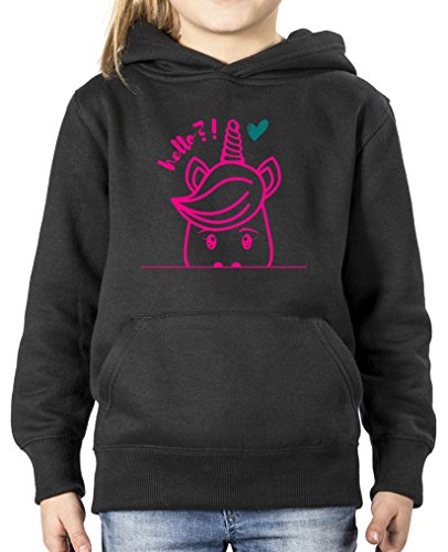 Comedy Shirts - Luscherndes Einhorn Hello?! - Mädchen Hoodie - Schwarz/Pink-Türkis Gr. 134/146 von Comedy Shirts