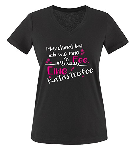 Comedy Shirts - Manchmal Bin ich wie eine Fee. Eine Katastrofee! - Damen V-Neck T-Shirt - Schwarz/Weiss-Pink Gr. XL von Comedy Shirts