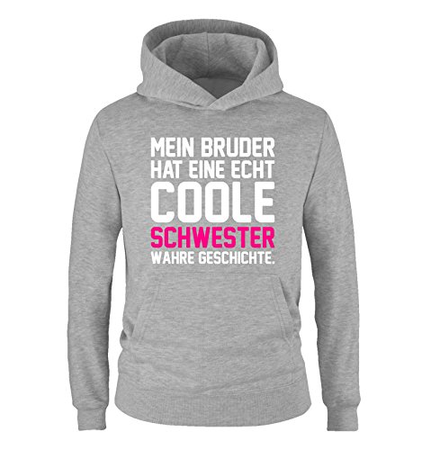 Comedy Shirts - Mein Bruder hat eine echt Coole Schwester wahre Geschichte. - Mädchen Hoodie - Grau/Weiss-Pink Gr. 128 von Comedy Shirts