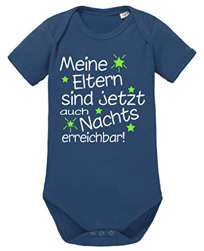 Comedy Shirts - Meine Eltern sind jetzt auch Nachts erreichbar! - Baby Body - Navy/Weiss-Neongrün Gr. 74 von Comedy Shirts