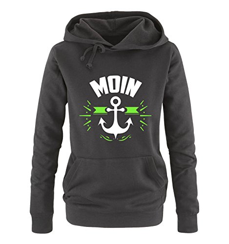 Comedy Shirts - Moin - Anker - Damen Hoodie - Schwarz/Weiss-Neongrün Gr. S von Comedy Shirts