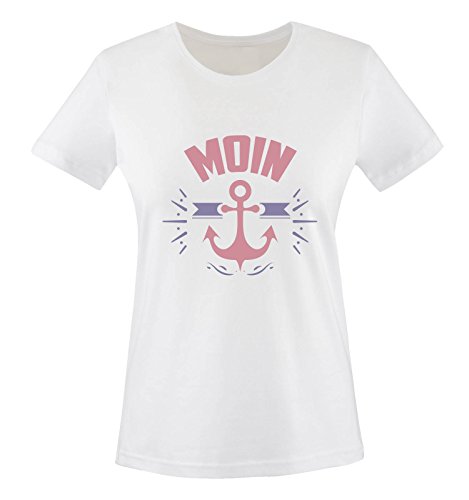 Comedy Shirts - Moin - Anker - Damen T-Shirt - Weiss/Rosa-Violett Gr. XS von Comedy Shirts