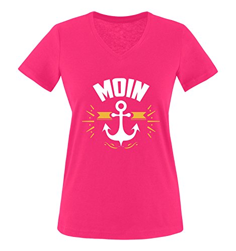 Comedy Shirts - Moin - Anker - Damen V-Neck T-Shirt - Pink/Weiss-Gelb Gr. XL von Comedy Shirts